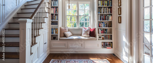 A cozy reading nook tucked under a staircase, with built-in bookshelves and a plush window seat.