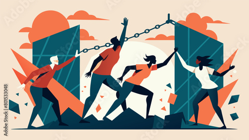 Breaking Barriers A mixed media piece featuring figures breaking through chains and walls symbolizing the triumph of justice over oppression.. Vector illustration