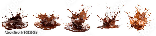 Five sequential images show the dynamic splashes of chocolate against a teal background