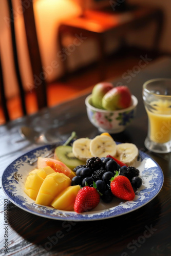 A snap of a nice breakfast fruit plate on a table
