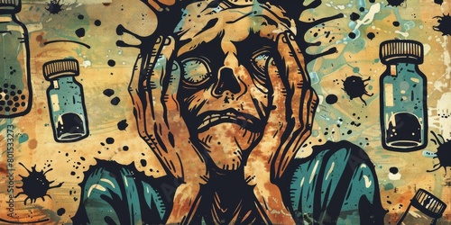A painting of a person with their hands covering their face in distress