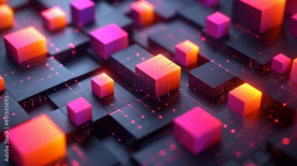 An abstract 3D rendering of a glowing pink and orange circuit board. The cubes are arranged in a grid pattern and connected by glowing pink and orange lines. An abstract 3D rendering of a glowing pink and orange circuit board. The cubes are arranged in a grid pattern and connected by glowing pink and orange lines.