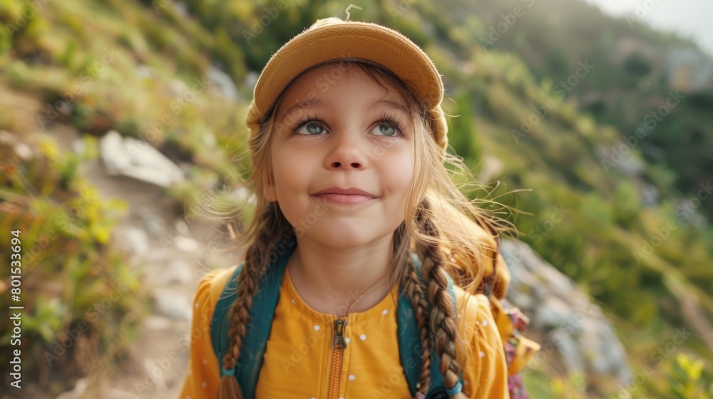 Fototapeta premium A happy little girl with a backpack is standing in a grassland field, smiling with her hair blowing in the wind. She enjoys the natural landscape and leisure of the mountains AIG50