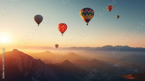 Colorful hot air balloons flying above high mountain at beautiful sunrise  generative ai