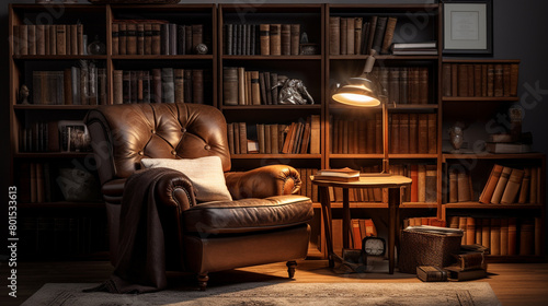 A cozy reading corner with a plush armchair and a towering bookshelf filled with well-worn classics.