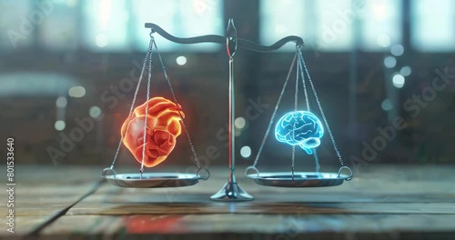 Digital art portraying brain-heart balance, a metaphor for emotional intelligence and rationality, in a serene, futuristic setting.