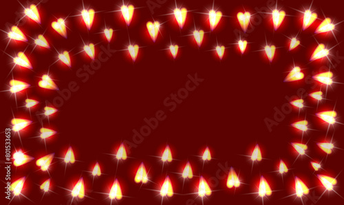 Romantic background with glowing hearts for the holidays. Background for lovers. Beautiful image with hearts. Glowing light bulbs. Hearts emitting light.