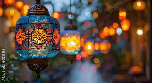 Radiant Ramadan Lanterns Light Up the Street in Celebration of the Festive Fasting Month - Greeting Card. Concept Ramadan Lanterns, Street Celebration, Festive Fasting Month, Radiant Decorations photo