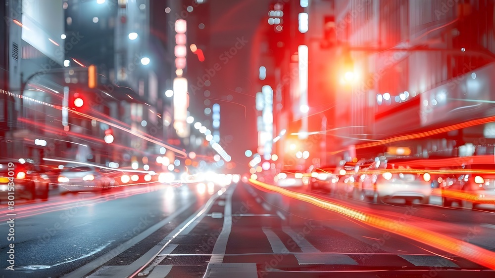 Nighttime city street scene with car dealership lights shining on sleek vehicles. Concept Nighttime Photography, Cityscape, Car Dealership Lights, Sleek Vehicles, Urban Landscape