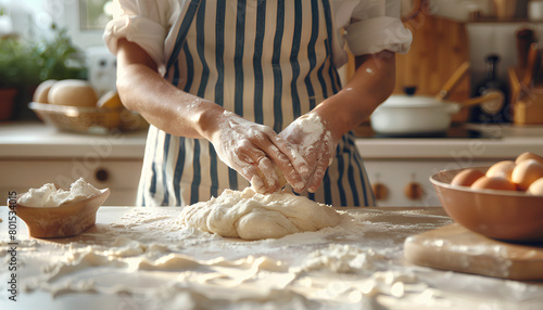 Woman kneading dough for Italian Grissini at white table in kitchen
