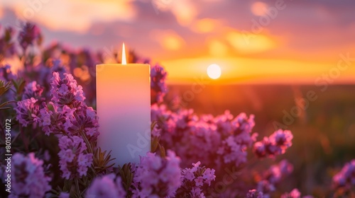   A white candle amidst a flower field  sunset distance-wise behind