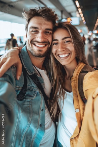 Cute couple of young people smiling having fun in a airport. © Henrry L