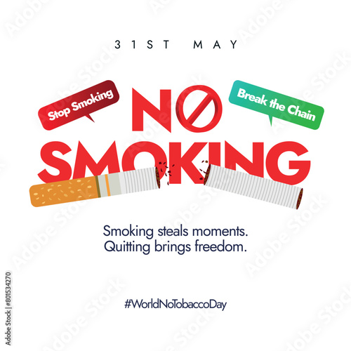 World No Tobacco Day. 31st May conceptual banner no smoking banner with a cigarette in half and banned signed. World no tobacco day banner, post with speech bubbles: stop smoking, break the chain.