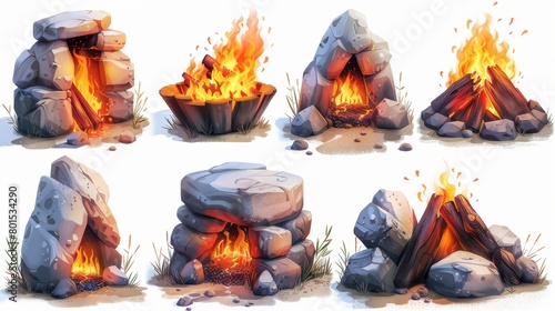 A wood campfire, burning logs, and a stone fireplace outdoors. Flames of firewood, spark firewood and bonfire. Cartoon modern illustration isolated symbols.