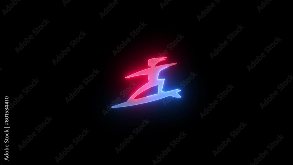 Neon surfing people icon blue red color glowing animated black background Neon surfing people icon blue red color glowing animated black background