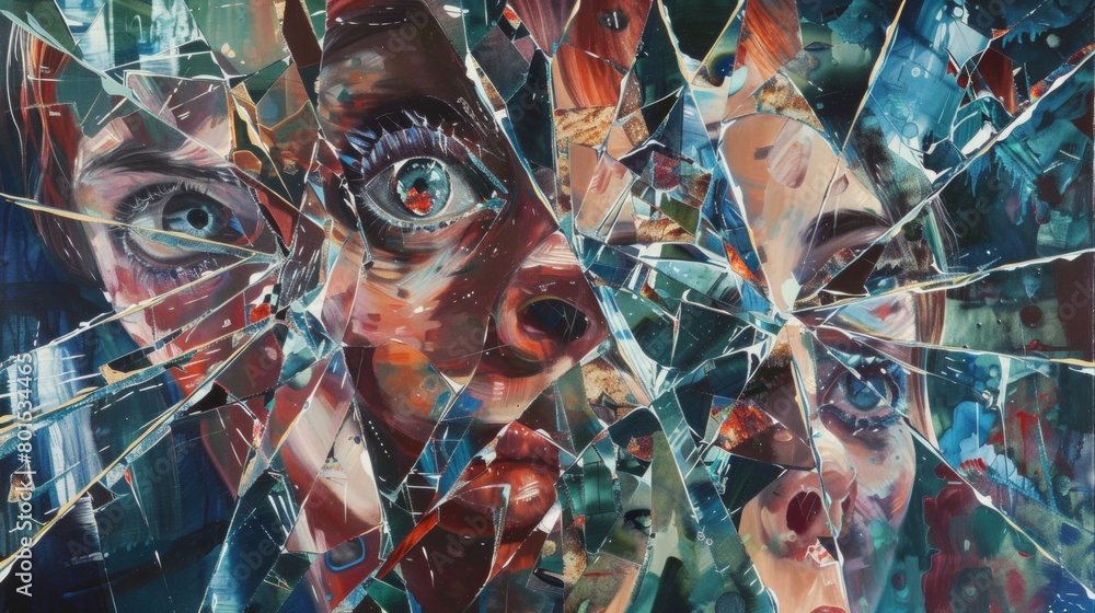 Fototapeta premium An acrylic painting of a shattered mirror reflecting fragmented images of the viewer, symbolizing the complexity of the human psyche.
