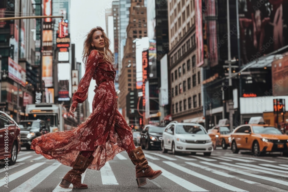 Boho girl walking on the city street. Copy Space. Free Space Boho girl walking on the city street. Copy Space. Free Space