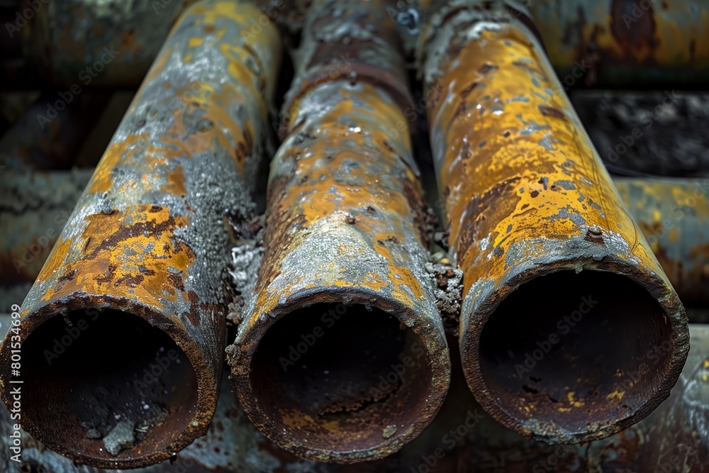 Rusty industrial lead pipes with peeling yellow paint Rusty industrial lead pipes with peeling yellow paint