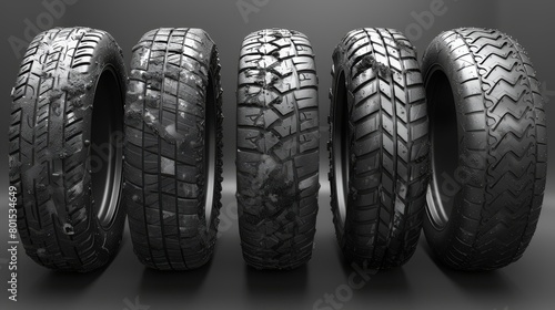 Car tire tread tracks, motorcycle racing wheels icons, and dirty tires tracks. Motocross bike trail, vehicle track, or auto race tires. Modern illustration set. photo