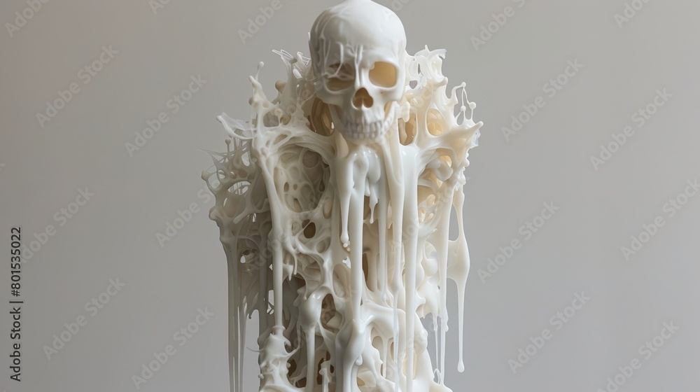   A white sculpture portrays a human skull, adorned with spooky representations of hair and bone remnants atop its head and neck