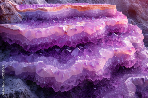 Background of purple and orange rock agat formation with a lot of crystals photo