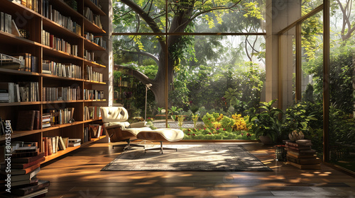 A sunlit reading nook with floor-to-ceiling bookshelves, cozy armchairs, and a view of the garden.