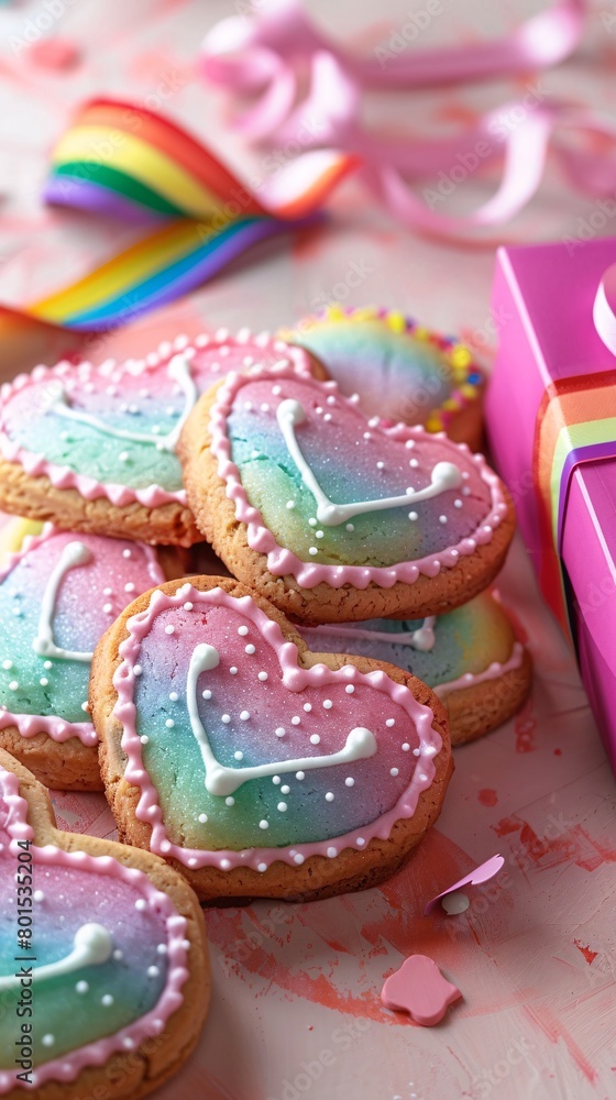 LGBTQ+ concept. Cookies in rainbow colors and gift box. LGBTQ+ concept. Cookies in rainbow colors and gift box.