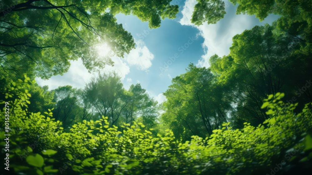 Fresh green forest with sunbeams and lens flare effect. Nature background