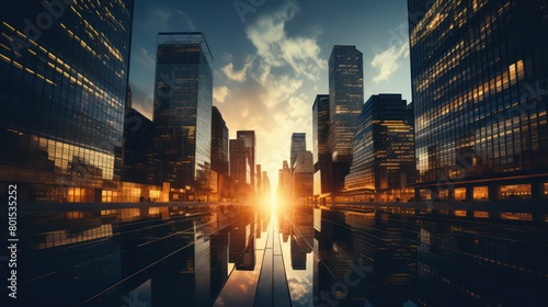 Cityscape with modern skyscrapers at sunset