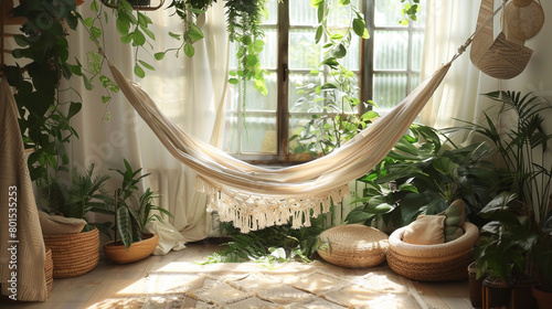 A cozy corner nook with a hammock chair suspended from the ceiling, surrounded by lush green plants and woven baskets. Relaxing ambiance in a sunlit room. Promotion background.