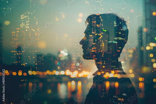 Profile of a man with a double exposure of the city. Representing business success against an evening sky. Copy Space. Free Space.