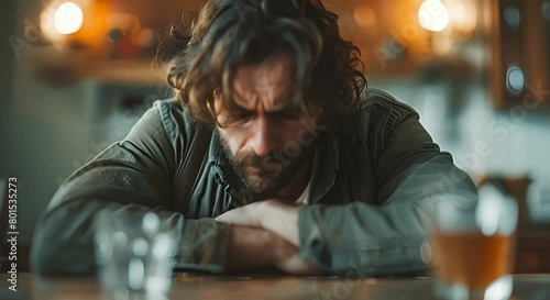 Man with hangover and alcohol poisoning sits at table in distress. Concept Hangover, Alcohol Poisoning, Distress, Man, Table photo