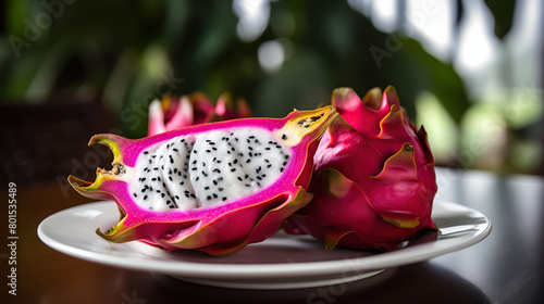 Dragon fruit slice on white plate with blur background  fresh white and pink red purple dragon fruit tropical  generative ai