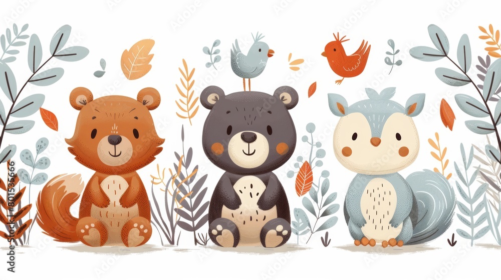Kids modern background illustration of forest animals including cute birds, funny squirrels, and wild bears