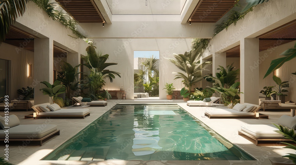 Modern light interior swimming pool room, luxury swimming pool