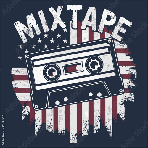 2024 cassette tape old school retro vintage vector design, mixtape american flag