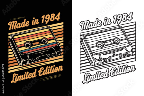 2024 cassette tape old school retro vintage vector design, made in 1984