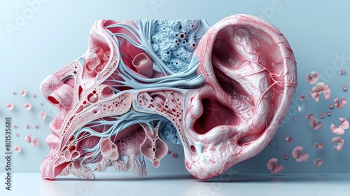 Anatomy of the human ear. Illustration of the inner structure of the ear, the organ of hearing photo