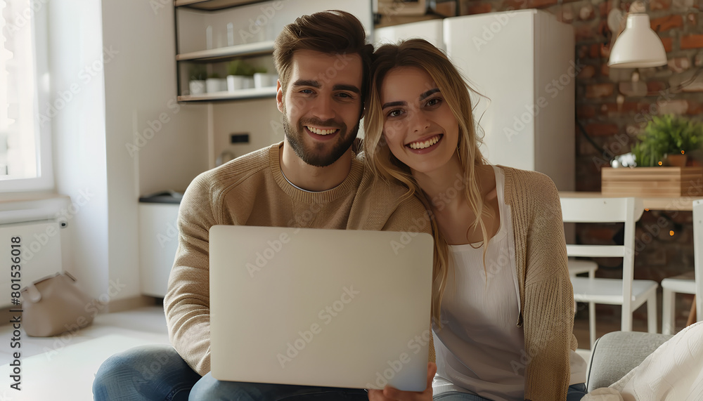 Happy young couple with laptop planning repair in their new house Happy young couple with laptop planning repair in their new house