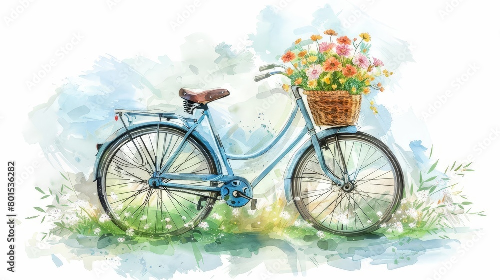 watercolor illustration of vintage bicycle with flower basket spring floral design digital painting