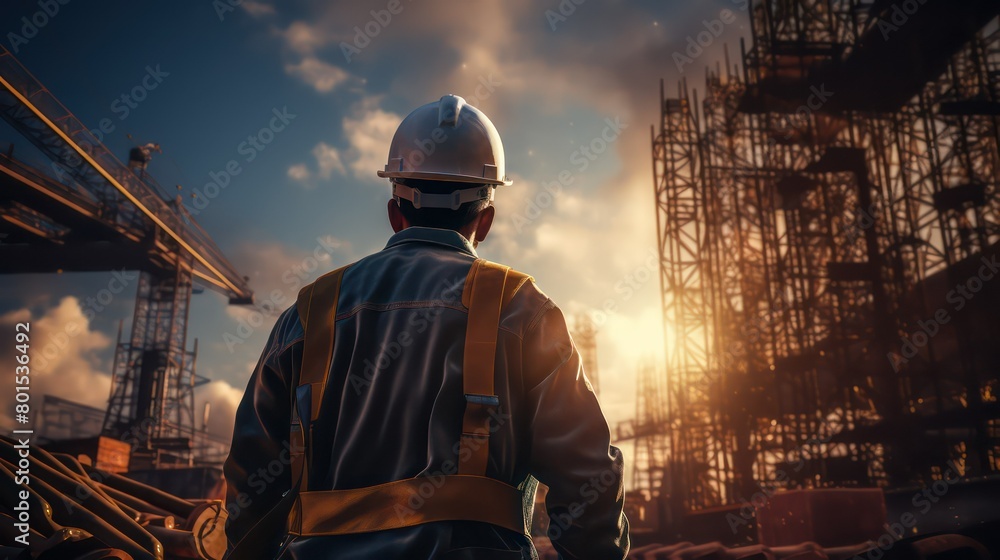 Engineer or foreman working on construction site at sunset time Engineer or foreman working on construction site at sunset time