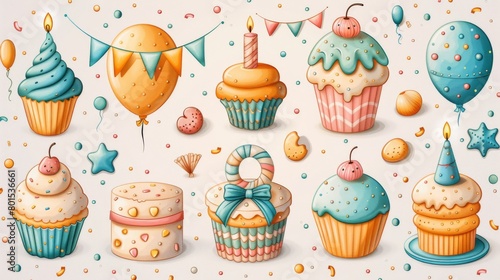 Isolated modern illustration icons set of cartoon birthday party decorations  gifts  cupcakes  candy  balloons and carnival celebration food. Set of cartoon birthday party decorations and colorful