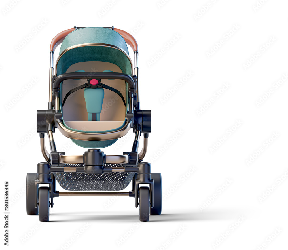Green leather jogging baby stroller on transparent background. 3D render front view Green leather jogging baby stroller on transparent background. 3D render front view