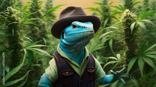 Blue lizard with a hat and suit standing on a pile of weed cute lizard photo