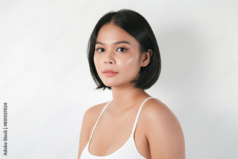 an attractive asian woman with short hair wearing white tank top, standing and looking at the camera against a clean white background an attractive asian woman with short hair wearing white tank top, standing and looking at the camera against a clean white background