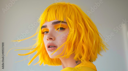 A woman with yellow hair and makeup. Concept of confidence and boldness, as the woman's bright hair and makeup draw attention to her face. Shaggy lob haircut with fringe in a gray Background photo