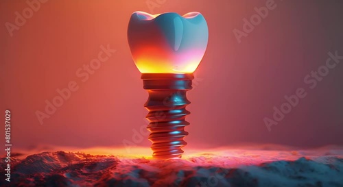Colorful glowing dental implant with abutment and artificial crown installed in jaw. Concept Dental Implants, Abutment, Artificial Crown, Glowing, Colorful photo