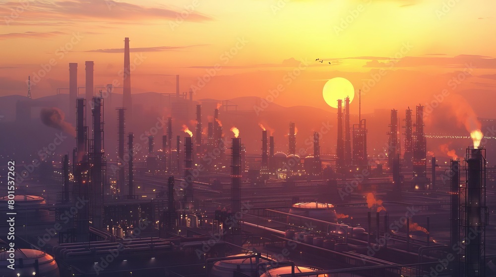 Fototapeta premium sprawling oil refinery complex with towering storage tanks at sunset 3d illustration