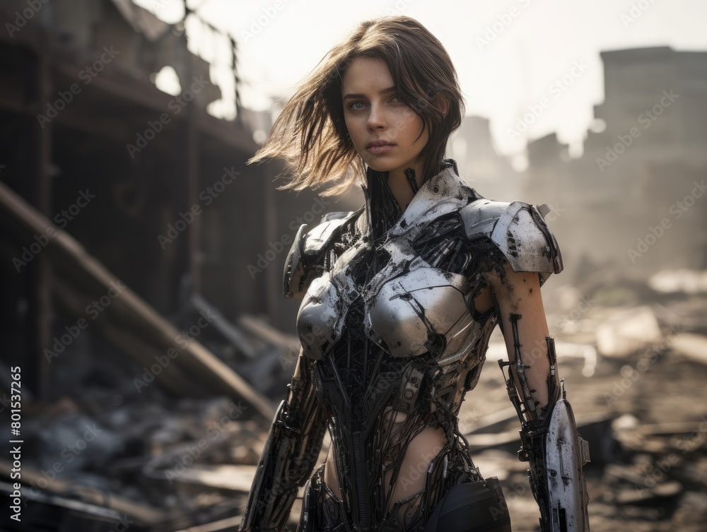 Fototapeta premium Futuristic warrior woman in post-apocalyptic setting