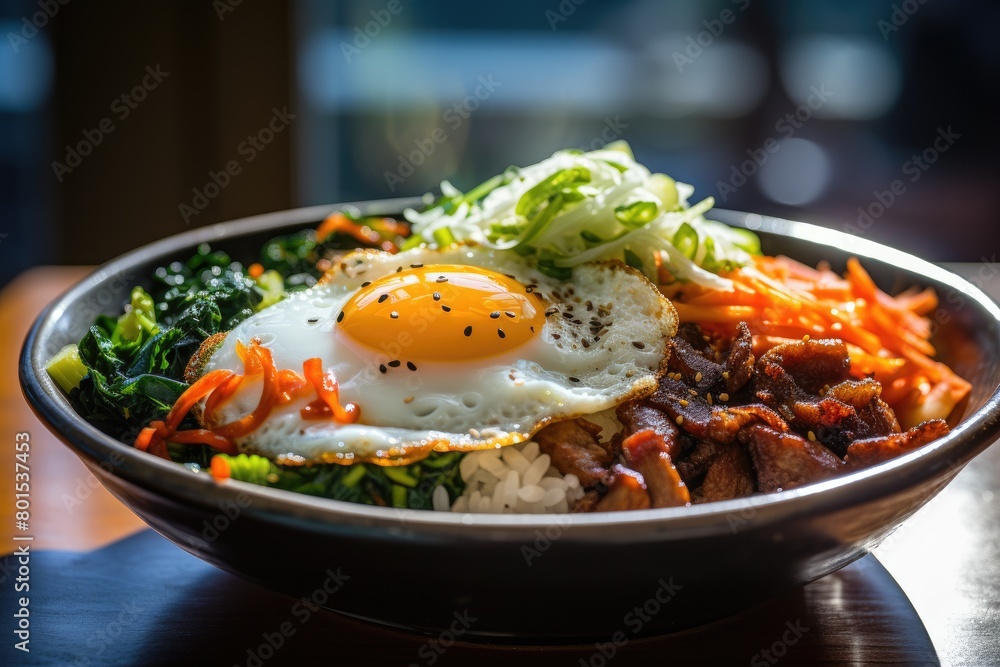 Delicious Korean rice bowl with fried egg and vegetables Delicious Korean rice bowl with fried egg and vegetables